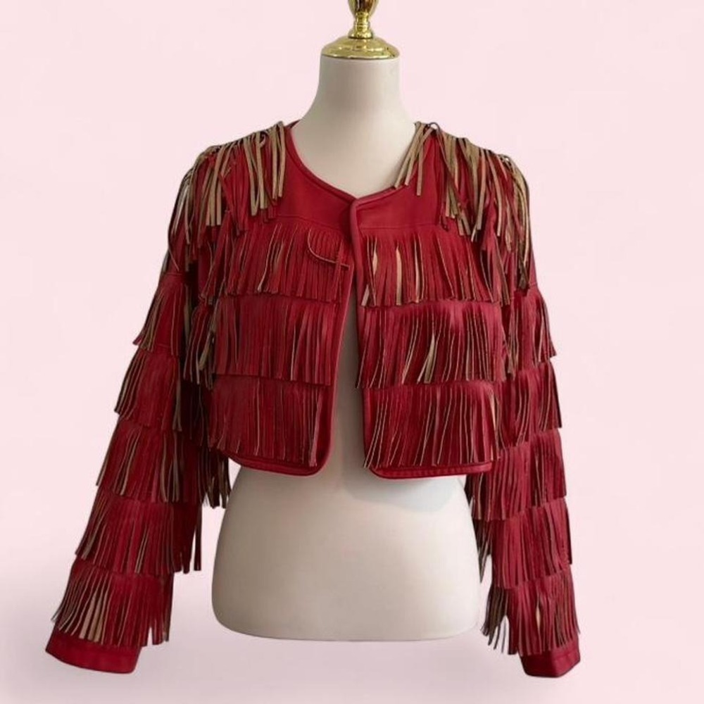 ASOS Red & Tan Faux Leather Fringe Cropped Jacket M